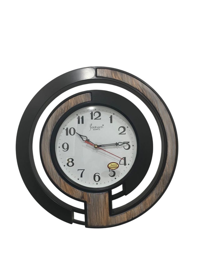 Siddharth Quartz Round Wooden Clock Boom Glass Silent Sweep Wall Clock - Black & Wood - Image 1