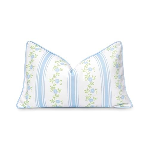 Hofdeco Premium Coastal Patio Indoor Outdoor Lumbar Pillow Cover Only 12x20 Water Repellent for Backyard Couch Baby Blue Print Stripe Floral - Image 1