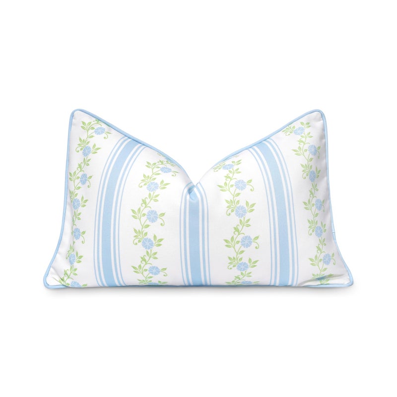 Hofdeco Premium Coastal Patio Indoor Outdoor Lumbar Pillow Cover Only 12x20 Water Repellent for Backyard Couch Baby Blue Print Stripe Floral - Image 2