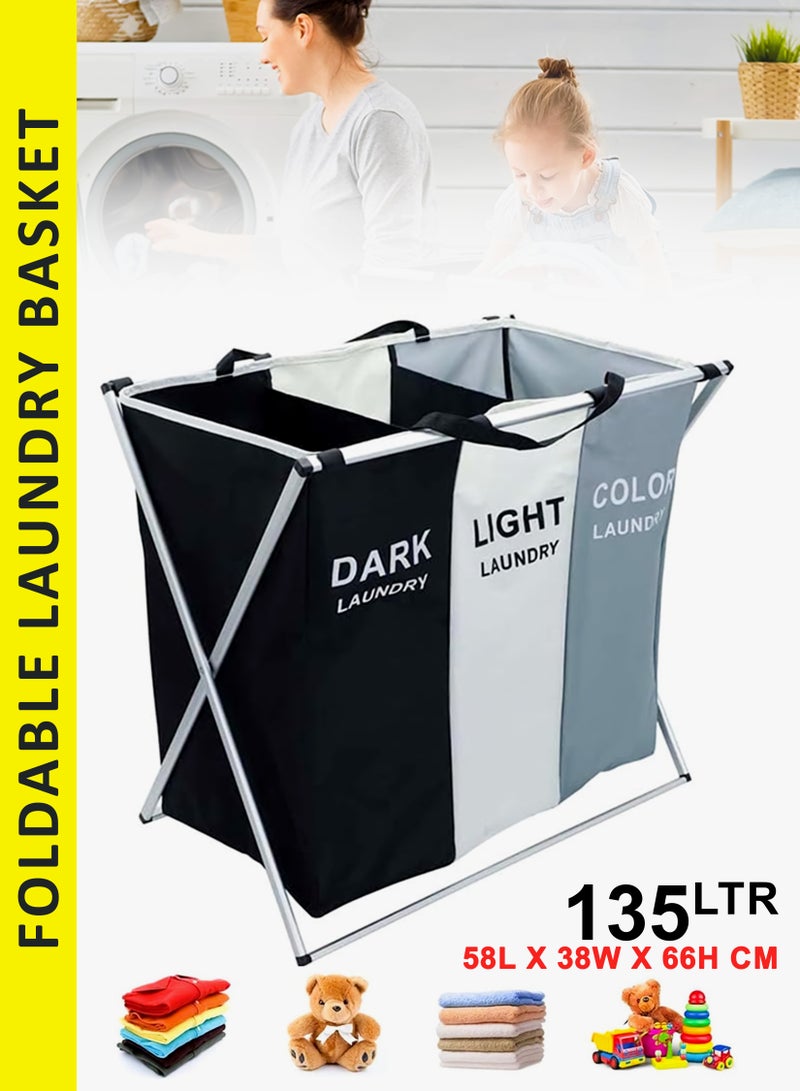 Toshonics Laundry Basket Sorter with Removable Waterproof Bags, Durable Foldable Design, Oxford Cloth & Aluminum Frame, Dirty Clothes Hamper for Laundry Room, Bedroom, Bathroom, Closet, and Dorm Storage - Image 1