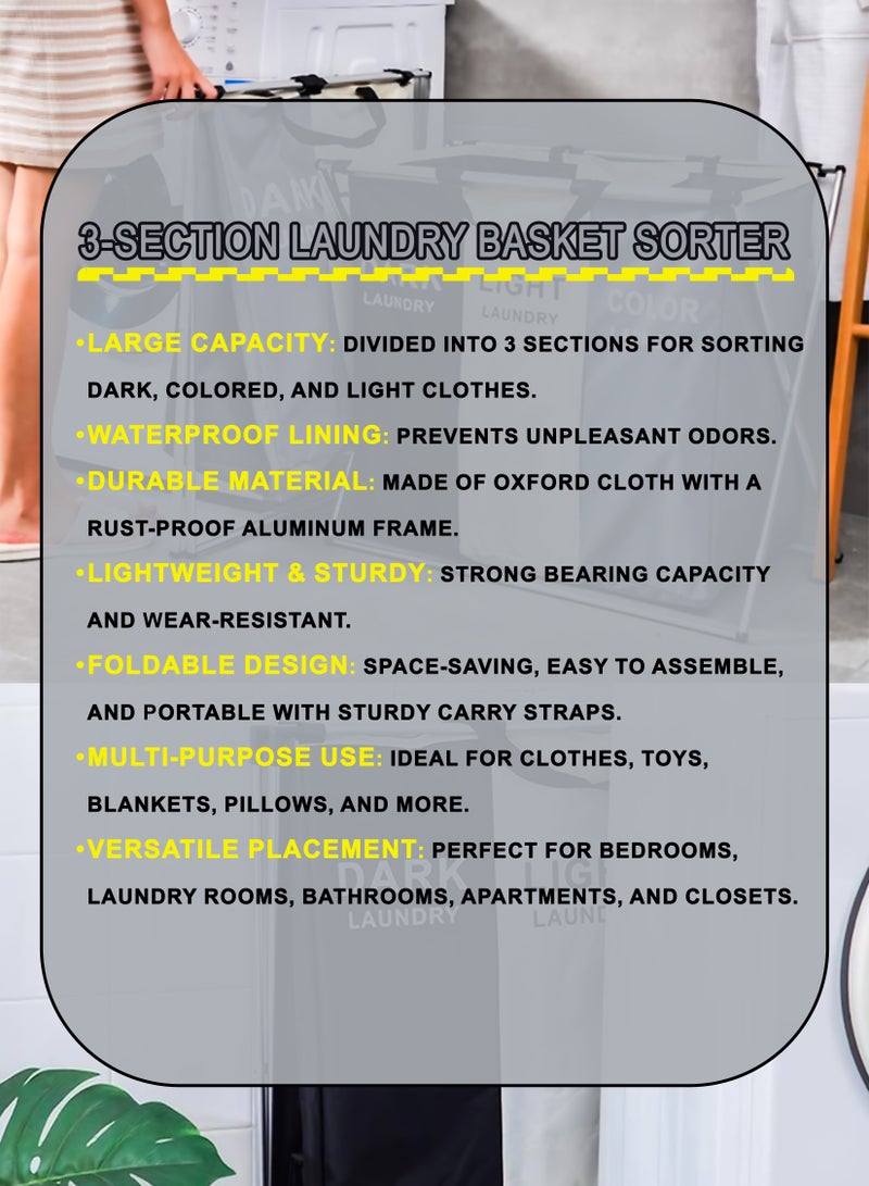 Toshonics Laundry Basket Sorter with Removable Waterproof Bags, Durable Foldable Design, Oxford Cloth & Aluminum Frame, Dirty Clothes Hamper for Laundry Room, Bedroom, Bathroom, Closet, and Dorm Storage - Image 3