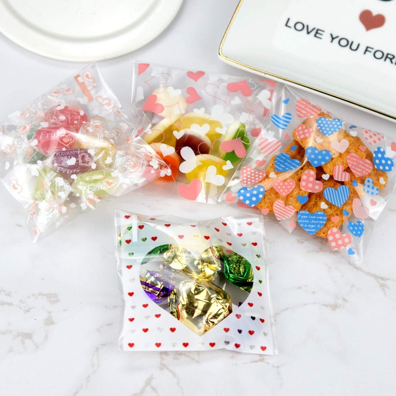 Bskifnn 400PCS Valentine Cellophane Bags Love Heart Printed Self Adhesive Cookie Treat Bags Gift Bags for Valentine's Day Party Supplies 4 Styles Valentine's Day Mother's Day - Image 5