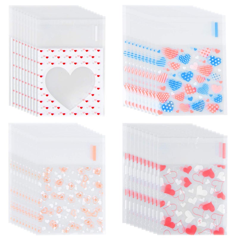 Bskifnn 400PCS Valentine Cellophane Bags Love Heart Printed Self Adhesive Cookie Treat Bags Gift Bags for Valentine's Day Party Supplies 4 Styles Valentine's Day Mother's Day - Image 1