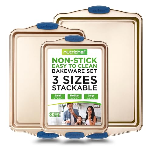 NutriChef 3Piece Nonstick Bakeware Set  Premium Carbon Steel Oven Baking Trays wBlue Silicone Handles  Small Medium  Large Cookie Sheet Pans  PFOS PFOA PTFEFree Easy to Clean