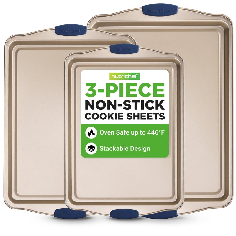 NutriChef 3Piece NonToxic Cookie Sheets for Baking Premium Carbon Steel Oven Tray Set with Blue Silicone Handles Nonstick Baking Sheet Set for Cookies Pastries OvenSafe Cooking