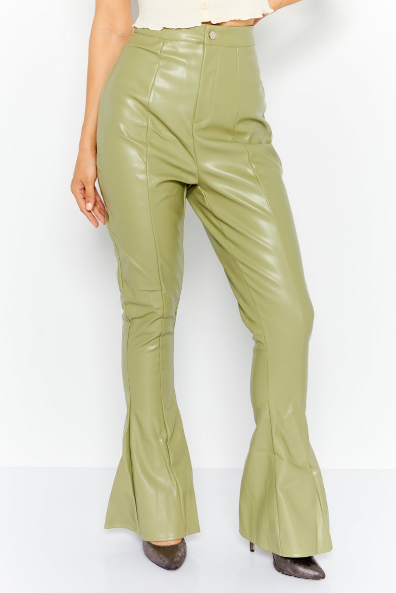 Missguided Women Tall Faux Leather Flare Pants, Khaki - Image 1