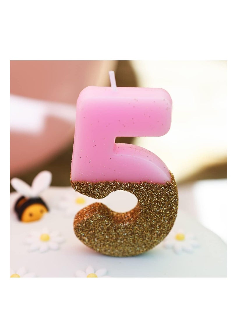 Talking Tables Pink Number 5 Candle with Gold Glitter Premium Quality Cake Topper Decoration For Kids, Adults, 50th Birthday Party, Anniversary, Milestone Age, Height 8cm, 3" - Image 1