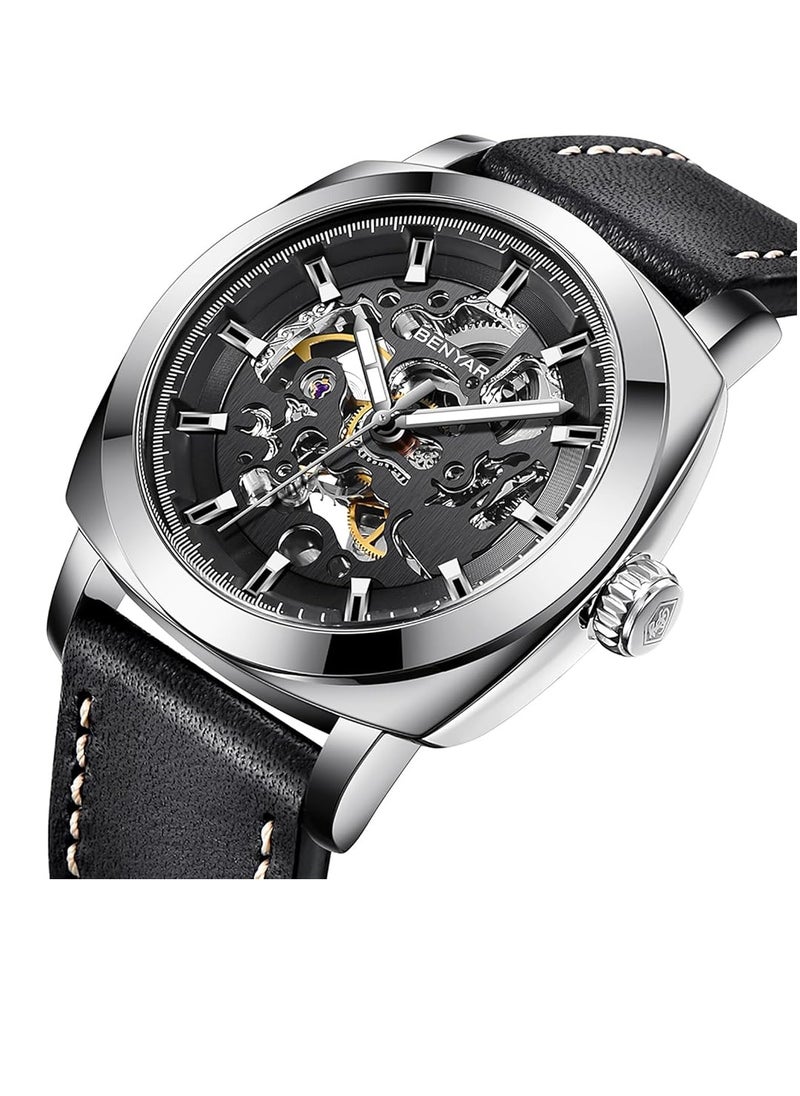 BENYAR Automatic Watches for Men Skeleton Mechanical Leather Strap Mens Watch 30M Waterproof Men's Stylish Gift  - Image 5