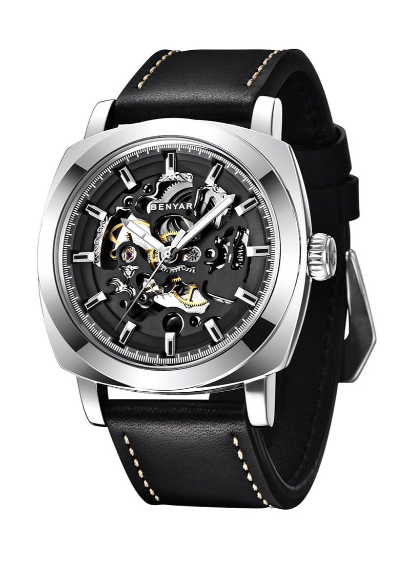BENYAR Automatic Watches for Men Skeleton Mechanical Leather Strap Mens Watch 30M Waterproof Men's Stylish Gift  - Image 1