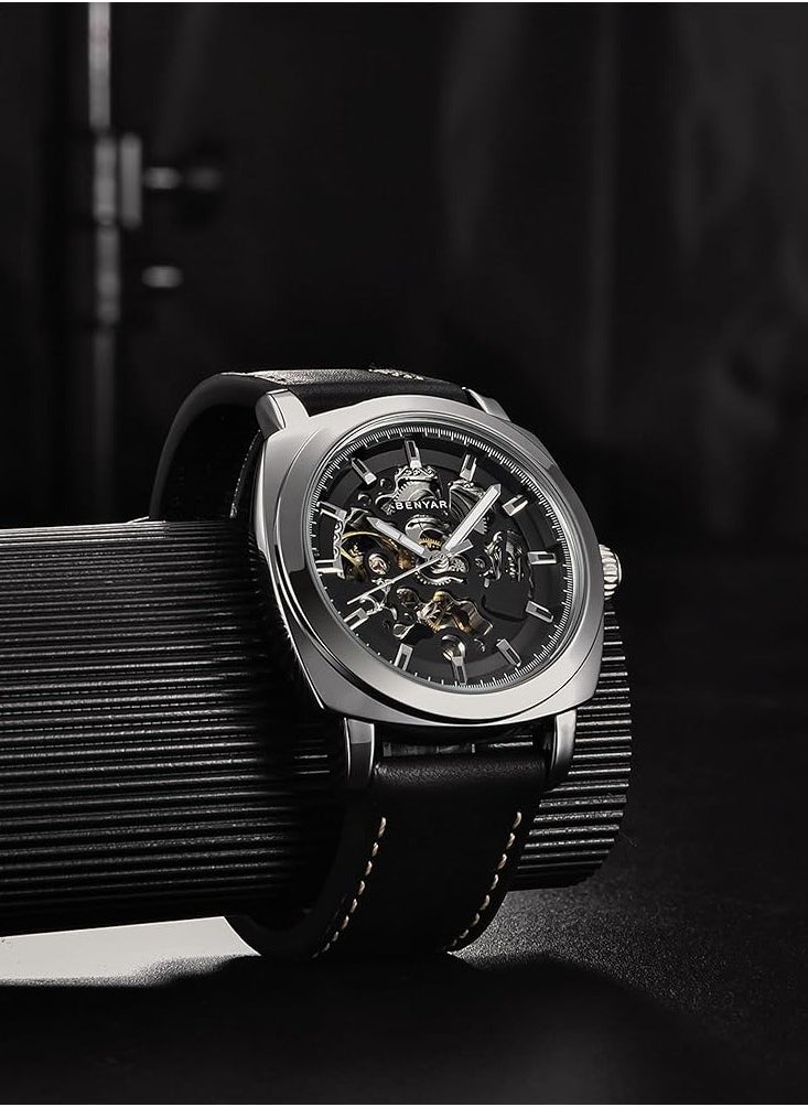 BENYAR Automatic Watches for Men Skeleton Mechanical Leather Strap Mens Watch 30M Waterproof Men's Stylish Gift  - Image 2
