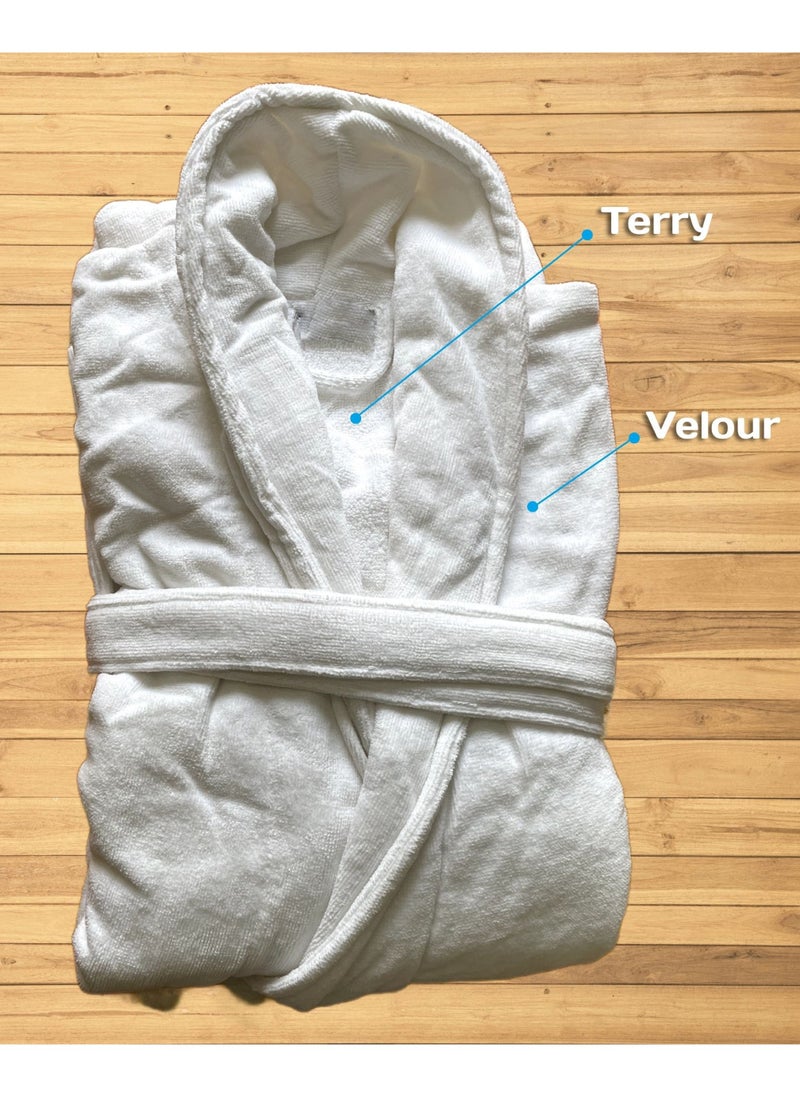 MAXQON Pack Of 2 - Bathrobes (Unisex) - Luxurious Velour Cotton With Terry Inside Double Layer Highly Absorbent Super Soft Bathrobes For Women & Men- Adult Size, Color White  - Image 3