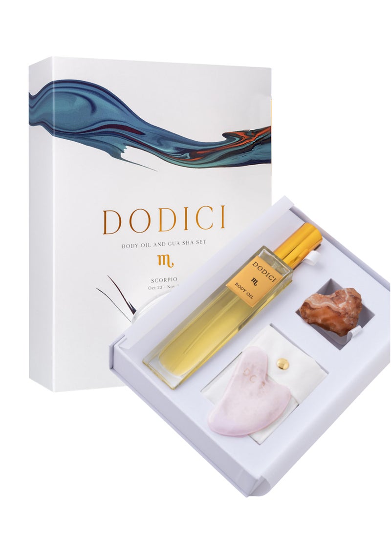 Dodici Gift Set Inspired by Your Zodiac Sign (Scorpio) Silky and luxurious body oil made from ecological oils | Perfect for a Birthday Gift | Organic Body Oil & Natural CARNELIAN Gift Set + Gua Sha - Image 1