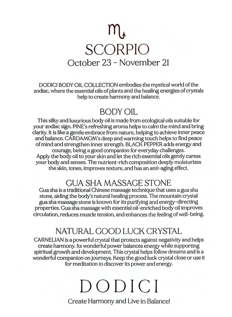 Dodici Gift Set Inspired by Your Zodiac Sign (Scorpio) Silky and luxurious body oil made from ecological oils | Perfect for a Birthday Gift | Organic Body Oil & Natural CARNELIAN Gift Set + Gua Sha - Image 3