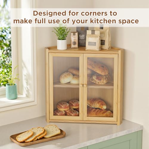 BAMBANG Bread Box, Double Layer Bamboo Bread Bin for Homemade Bread Bakers and Corner Kitchen Countertop with Double Doors, Not Suitable for Oversized Loaves, Natural - Image 3