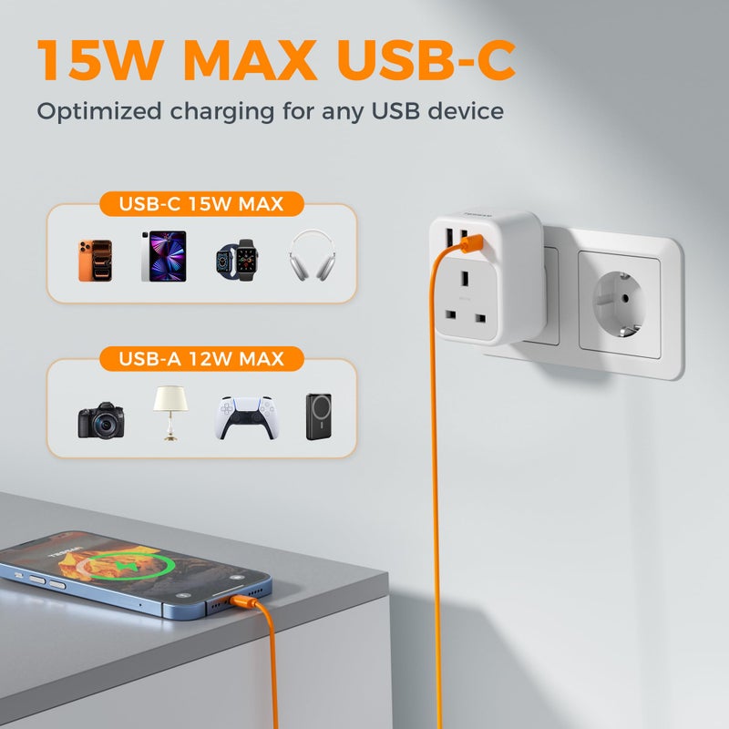 TESSAN UK to European US Plug, Universal Travel Adapter with 3 USB - Image 5