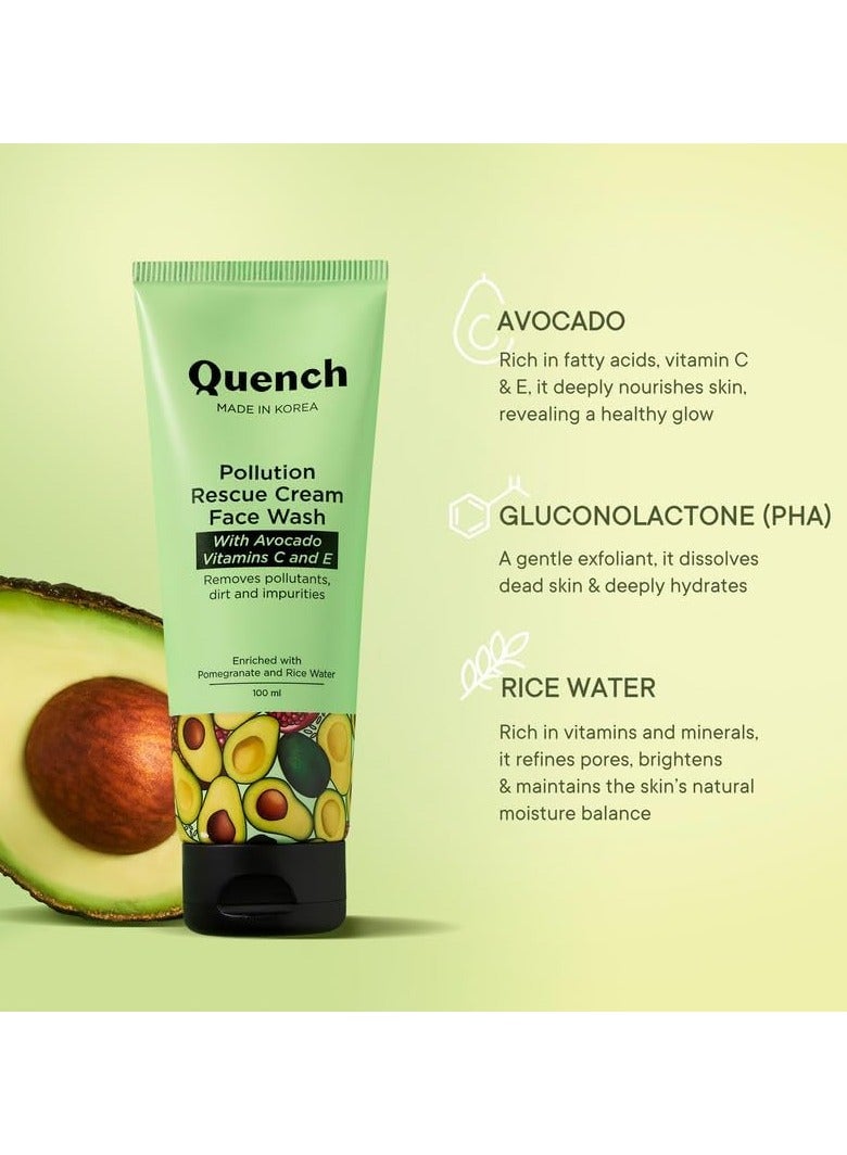 Quench Pollution Rescue Cream Face Wash with Vitamin E & Avocado | Gently Exfoliates Skin to Revive Dullness | Rich Foamy Korean Cleanser | Made in Korea (100ml) - Image 3