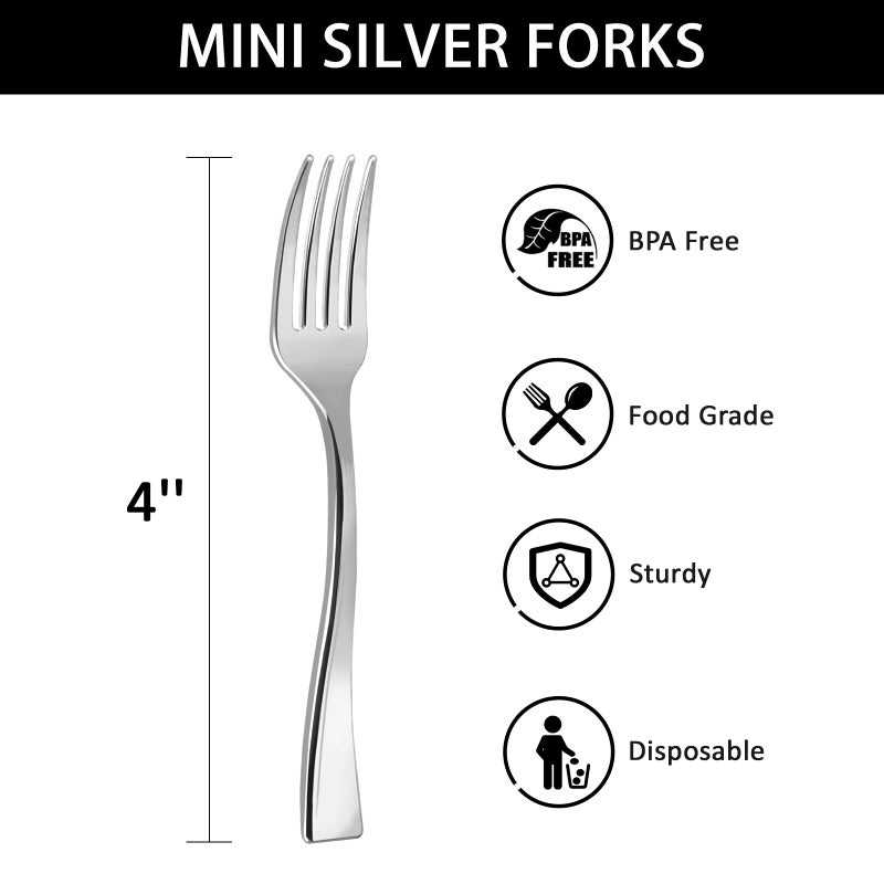 Qeirudu 4 Inch Silver Plastic Mini Forks  100 Pack Disposable Appetizer Forks Heavy Duty Tiny Forks for Party Small Desserts  Charcuterie  Samples  Cocktails and Strawberries - Image 2