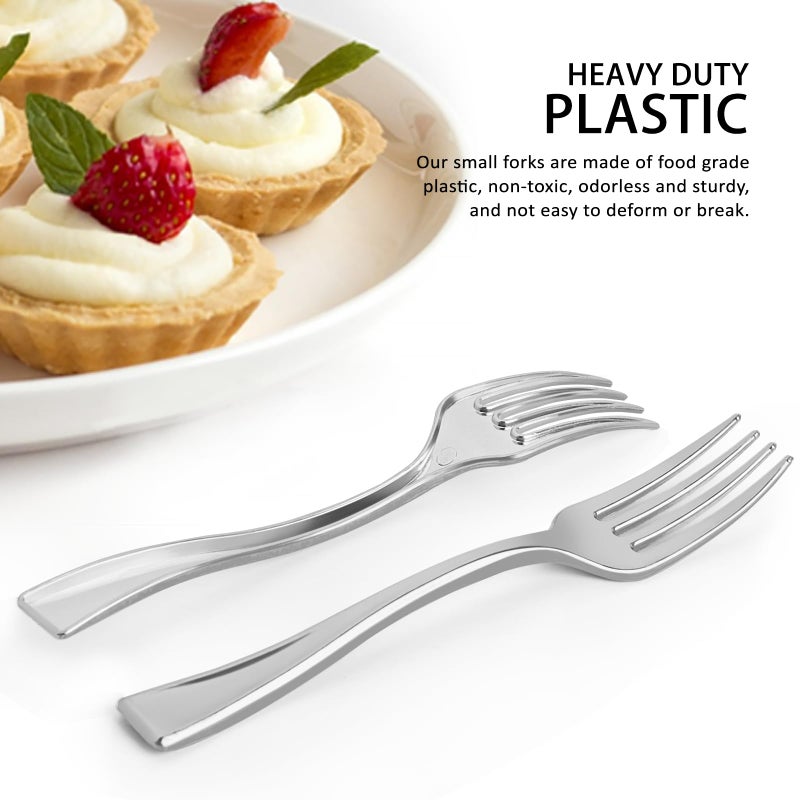 Qeirudu 4 Inch Silver Plastic Mini Forks  100 Pack Disposable Appetizer Forks Heavy Duty Tiny Forks for Party Small Desserts  Charcuterie  Samples  Cocktails and Strawberries - Image 4