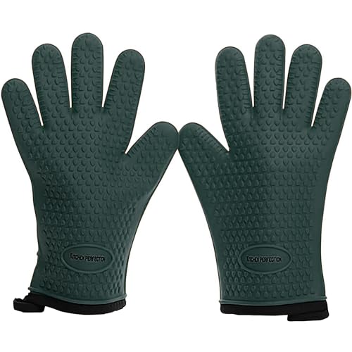 KITCHEN PERFECTION Silicone Smoker Oven Gloves Extreme Heat Resistant BBQ Gloves Handle Hot Food Right on Your Grill Fryer Pit Waterproof Oven Mitts Superior Value Set 3 Bonuses - Image 1