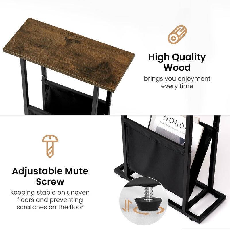 Acovy Narrow Side Table for Small Place,Metal Table with PU Leather Bag,Slim Nightstand for Reading Or Storage,Sofa Side Table for Living Room,Bedroom,Brown - Image 5