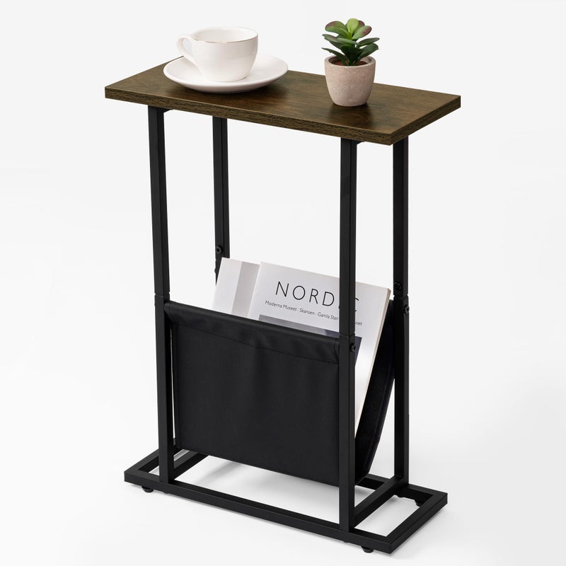 Acovy Narrow Side Table for Small Place,Metal Table with PU Leather Bag,Slim Nightstand for Reading Or Storage,Sofa Side Table for Living Room,Bedroom,Brown - Image 1