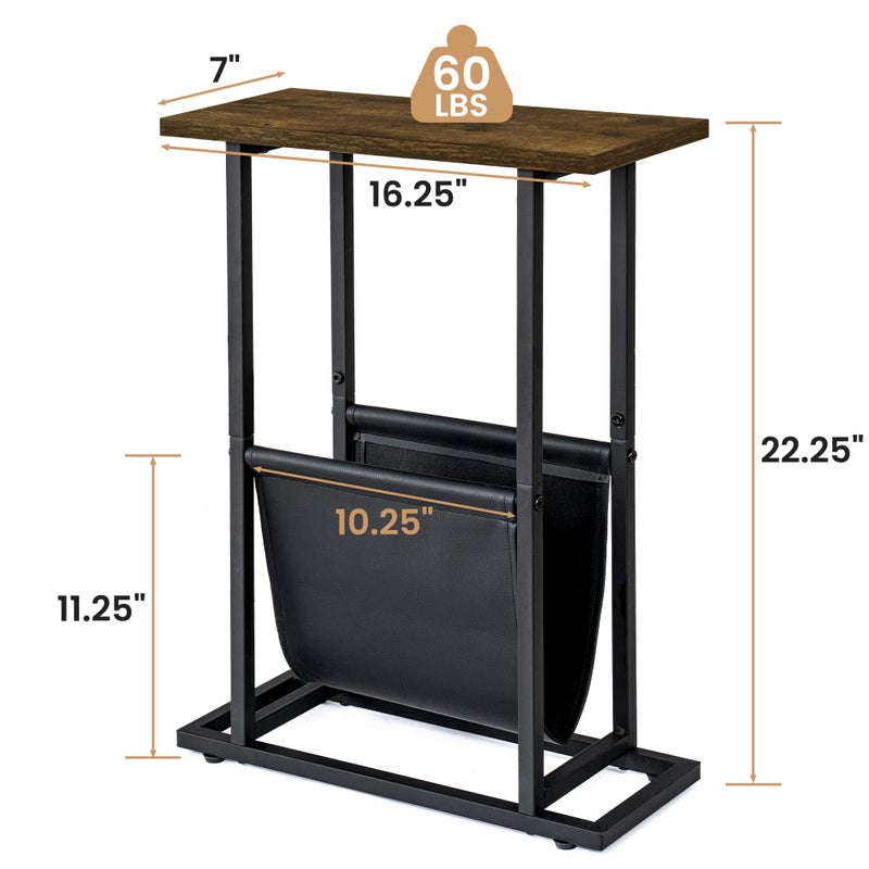 Acovy Narrow Side Table for Small Place,Metal Table with PU Leather Bag,Slim Nightstand for Reading Or Storage,Sofa Side Table for Living Room,Bedroom,Brown - Image 4