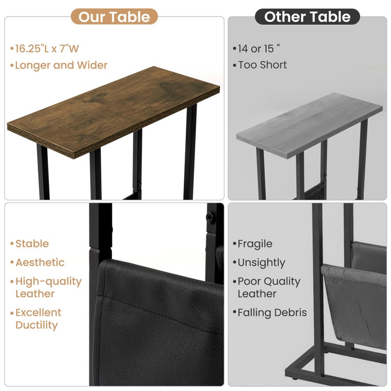 Acovy Narrow Side Table for Small Place,Metal Table with PU Leather Bag,Slim Nightstand for Reading Or Storage,Sofa Side Table for Living Room,Bedroom,Brown - Image 3
