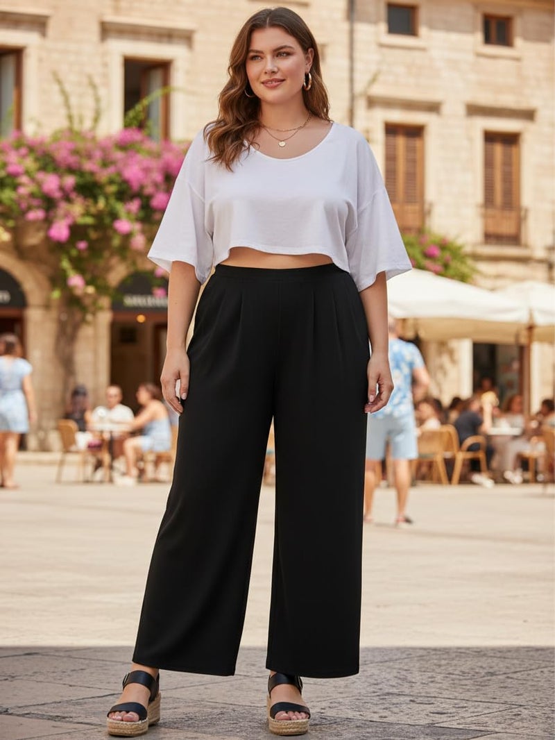 CIDER Womenâ€™s Plus Size Fashion Wide Leg Pants Palazzo Flowy Elastic Waist Pants with Pockets Black - Image 2