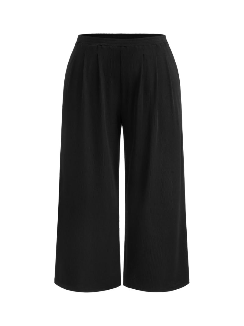 CIDER Womenâ€™s Plus Size Fashion Wide Leg Pants Palazzo Flowy Elastic Waist Pants with Pockets Black - Image 1