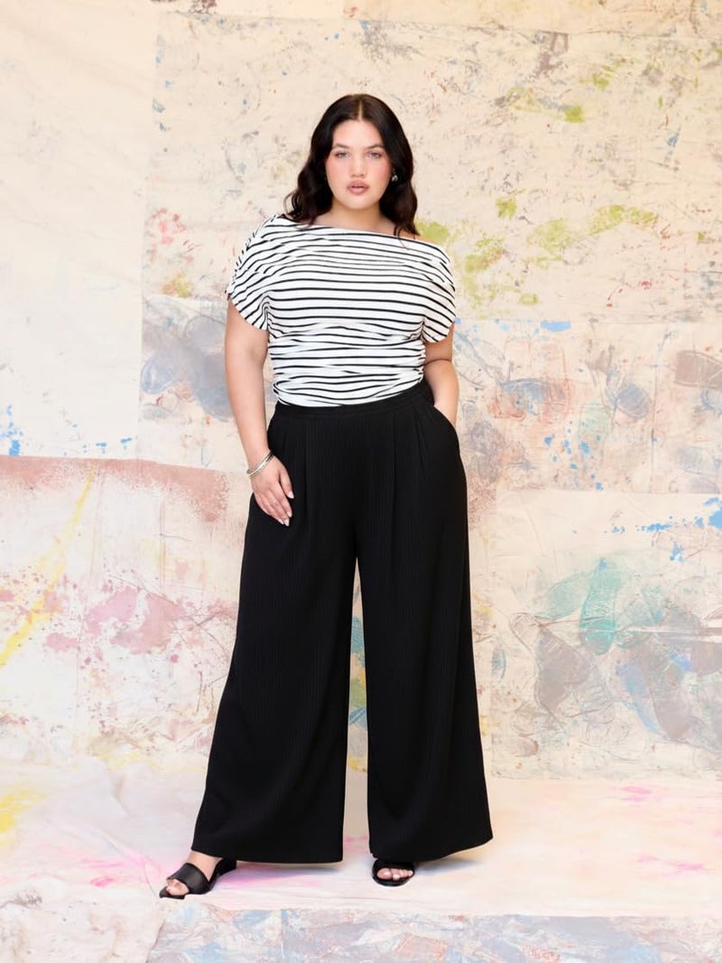 CIDER Womenâ€™s Plus Size Fashion Wide Leg Pants Palazzo Flowy Elastic Waist Pants with Pockets Black - Image 3