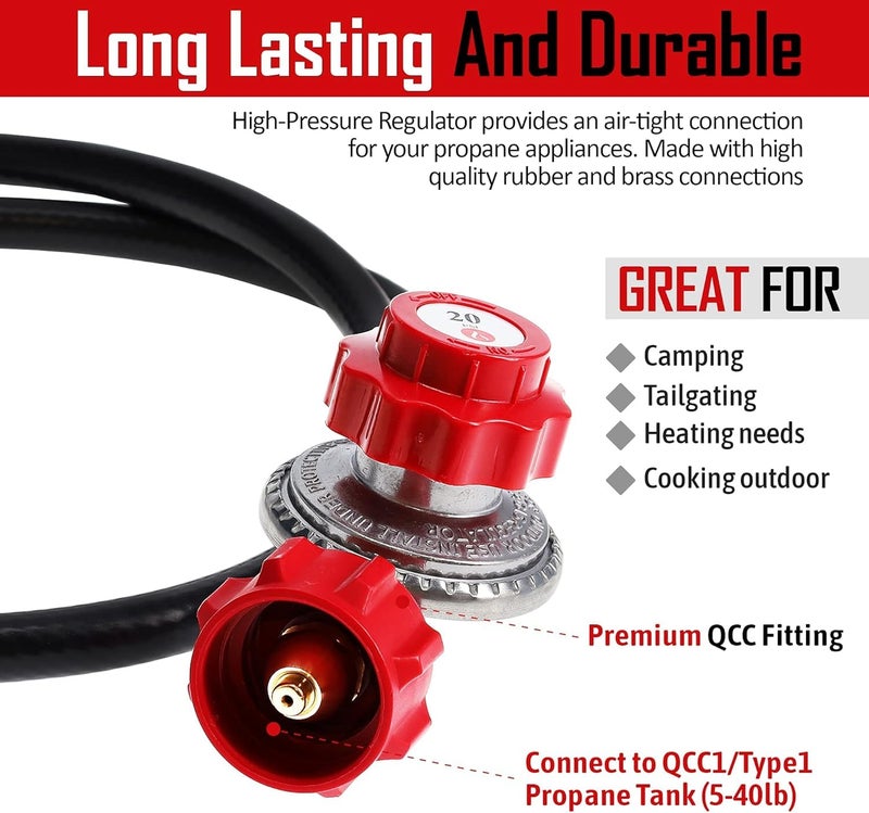 GasOne Gas One 4 ft High Pressure Propane 0-20 PSI Adjustable Regulator with Red QCC-1 Type Hose - Works with Newer U.S. Propane Tanks, 4FT 0-20 PSI - Image 3