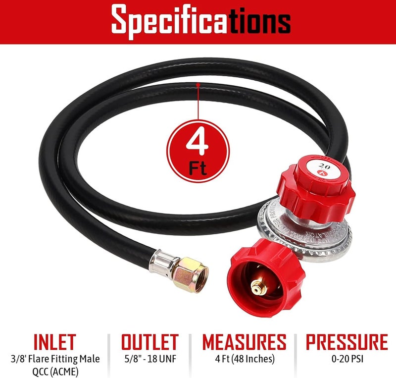 GasOne Gas One 4 ft High Pressure Propane 0-20 PSI Adjustable Regulator with Red QCC-1 Type Hose - Works with Newer U.S. Propane Tanks, 4FT 0-20 PSI - Image 2