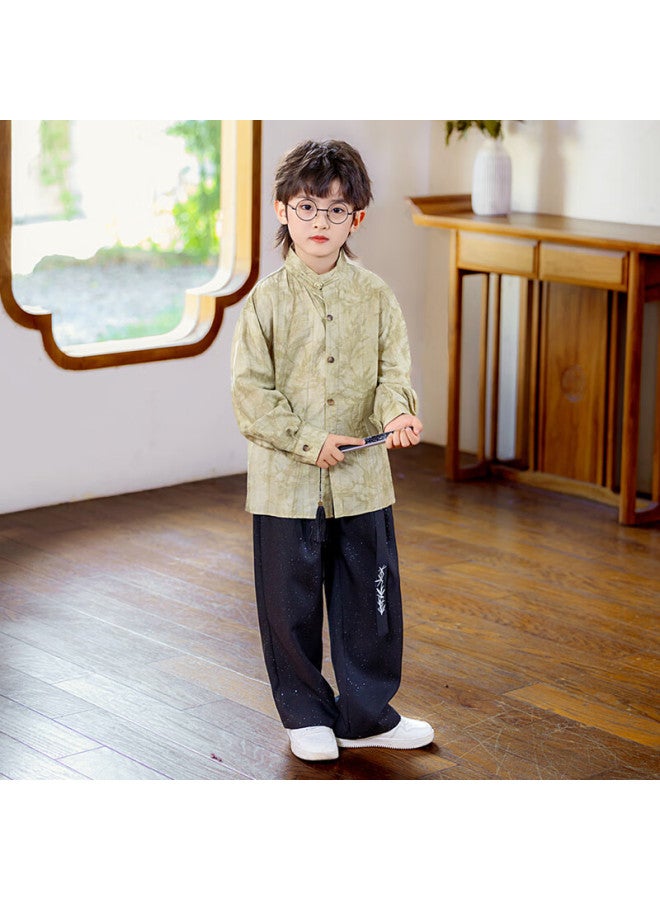 Luobobeibei Boys' New Chinese Style Long Sleeve Shirt Children's National Style Host New Year Outfit Flower Boy Suit Khaki Two-piece Set 130 - Image 4