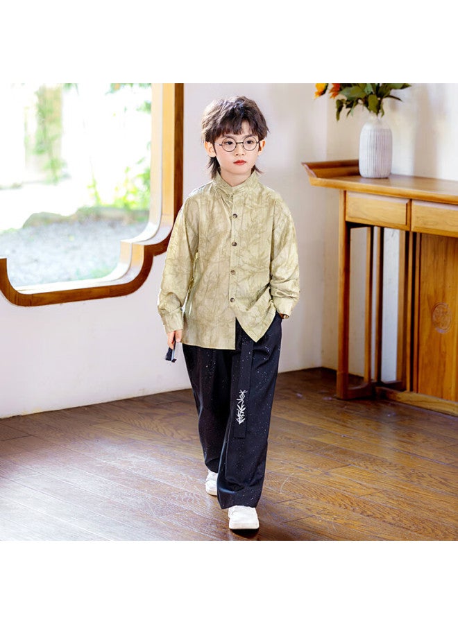 Luobobeibei Boys' New Chinese Style Long Sleeve Shirt Children's National Style Host New Year Outfit Flower Boy Suit Khaki Two-piece Set 130 - Image 2