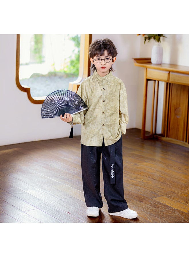 Luobobeibei Boys' New Chinese Style Long Sleeve Shirt Children's National Style Host New Year Outfit Flower Boy Suit Khaki Two-piece Set 130 - Image 3