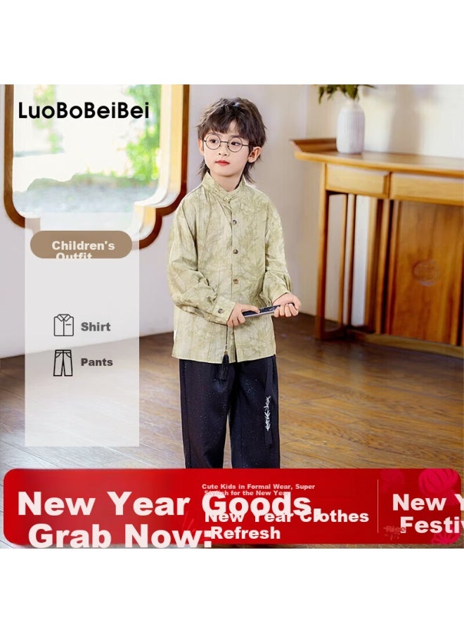 Luobobeibei Boys' New Chinese Style Long Sleeve Shirt Children's National Style Host New Year Outfit Flower Boy Suit Khaki Two-piece Set 130 - Image 1
