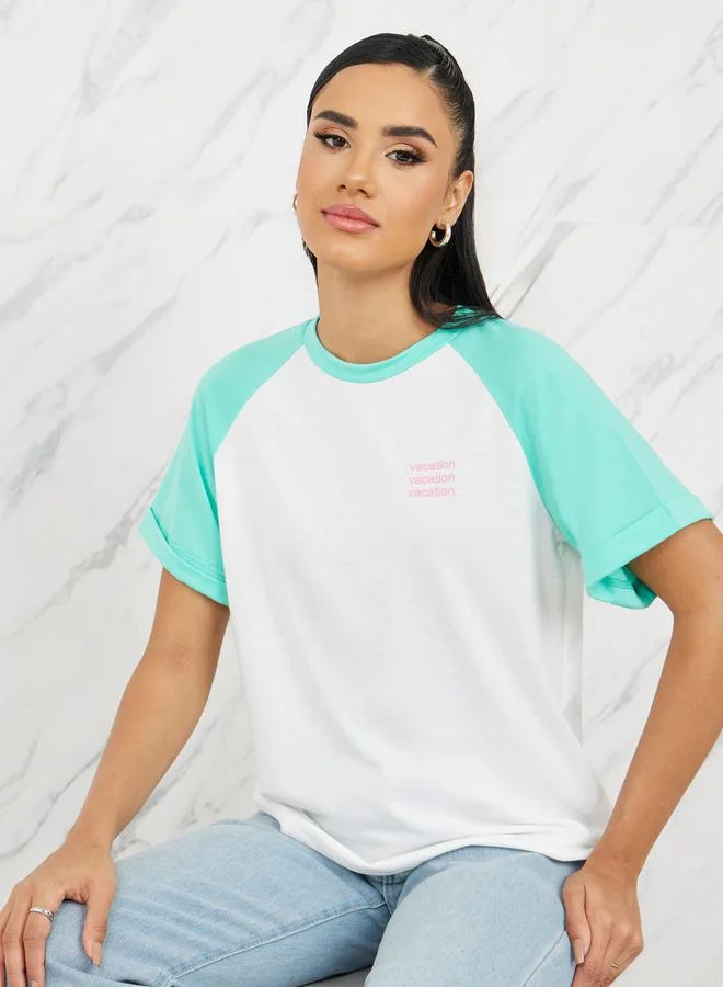 ستايلي Regular Fit Vacation Slogan Print Contrast Raglan Sleeves T-Shirt