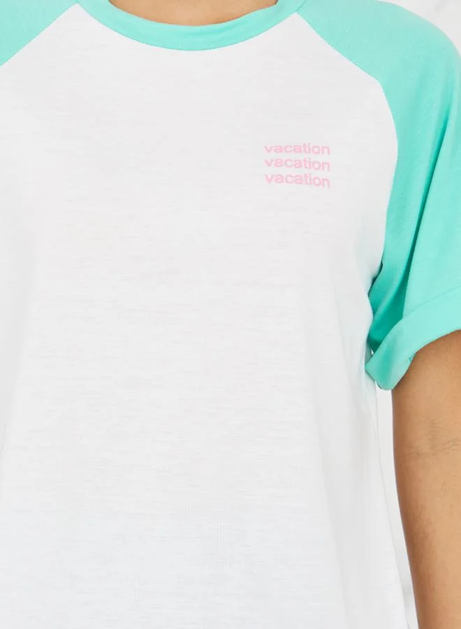 ستايلي Regular Fit Vacation Slogan Print Contrast Raglan Sleeves T-Shirt