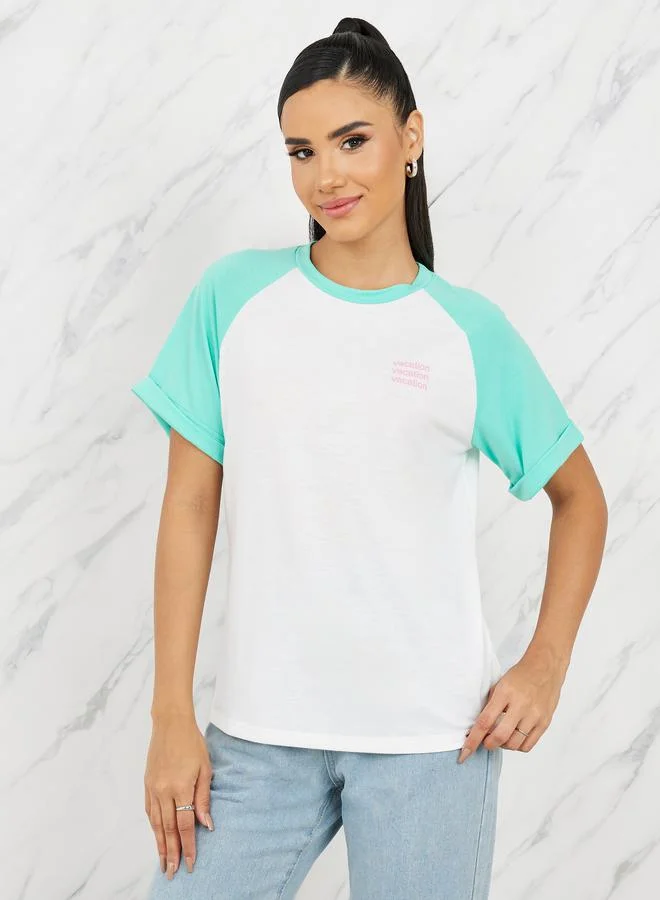 ستايلي Regular Fit Vacation Slogan Print Contrast Raglan Sleeves T-Shirt