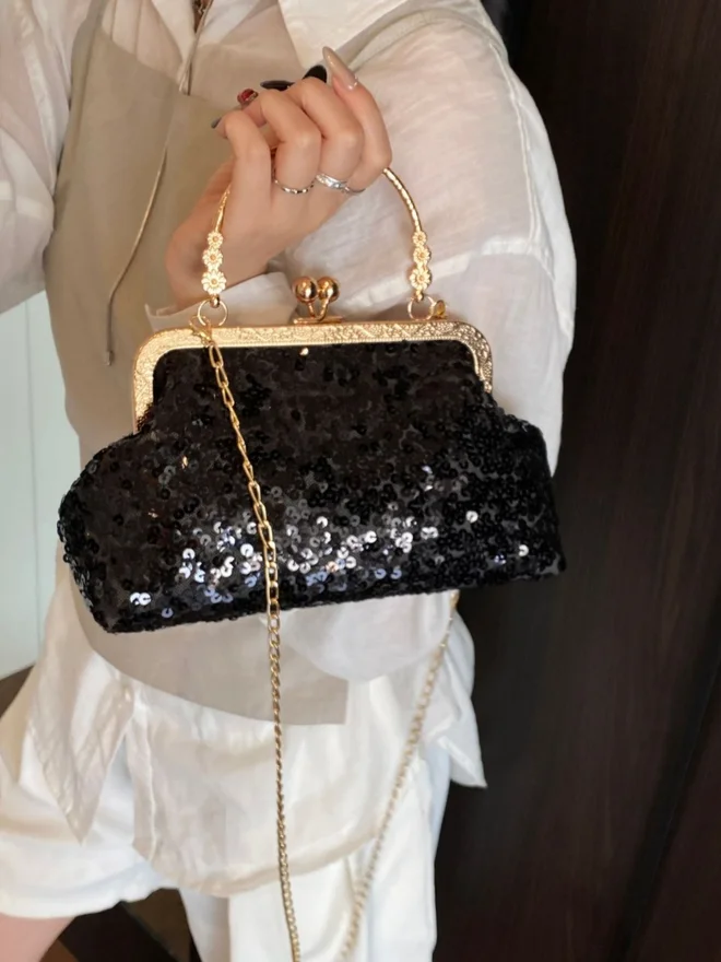 Styli  Black Sequin Shoulder Bag with Chain Strap for Women | Best Price UAE