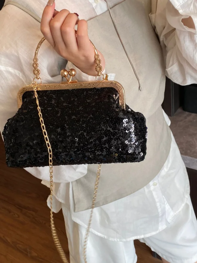 Styli  Black Sequin Shoulder Bag with Chain Strap for Women | Best Price UAE
