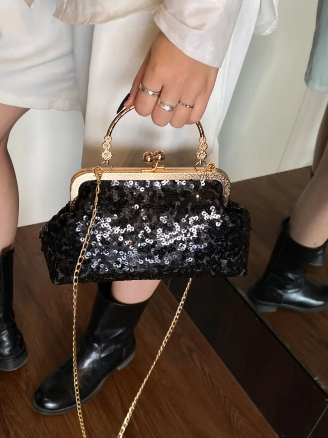 Styli  Black Sequin Shoulder Bag with Chain Strap for Women | Best Price UAE