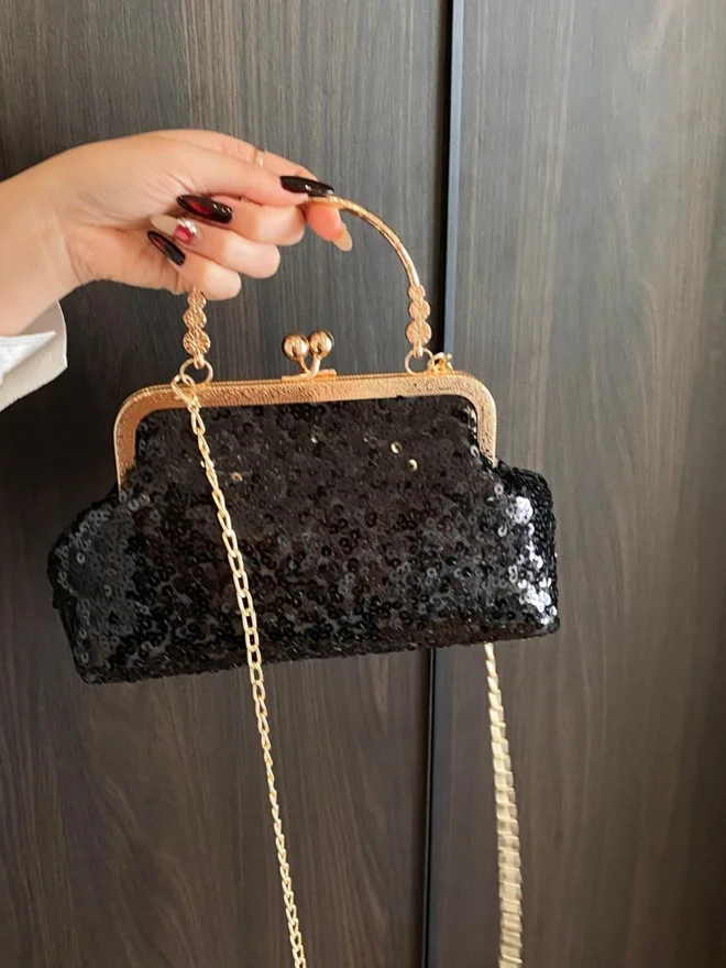 Styli  Black Sequin Shoulder Bag with Chain Strap for Women | Best Price UAE