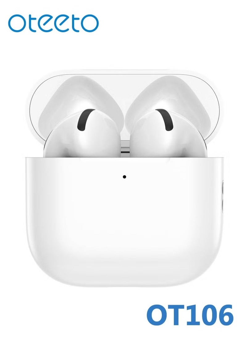 Oteeto "OT106 Wireless Bluetooth Earbuds with Bluetooth 5.3, Multi-Functional Touch Control, Built-In Microphone, and Noise Cancellation – Compatible with iPhones and iPads – Premium Sound Quality, Comfortable Fit, White" - Image 3