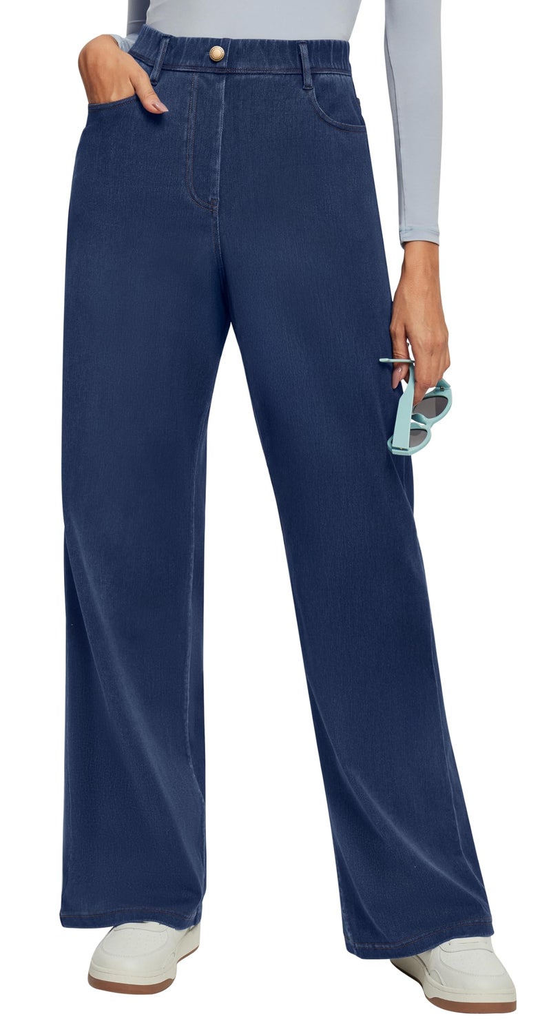 IUGA Wide Leg Jeans Woman Stretchy Sweatpant Jeans Women Pull On Baggy Jean High Waisted Trendy Straight Casual Denim Pants Classic Blue - Image 1