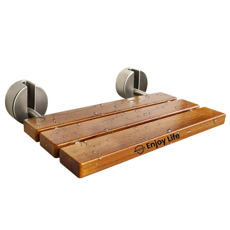 Bootuu 20 Inchs Teak Folding Shower Seat Wall Mounted Folding Shower Seat with 400 Lb Weight Capacity Metal Brushed Cover - Image 1