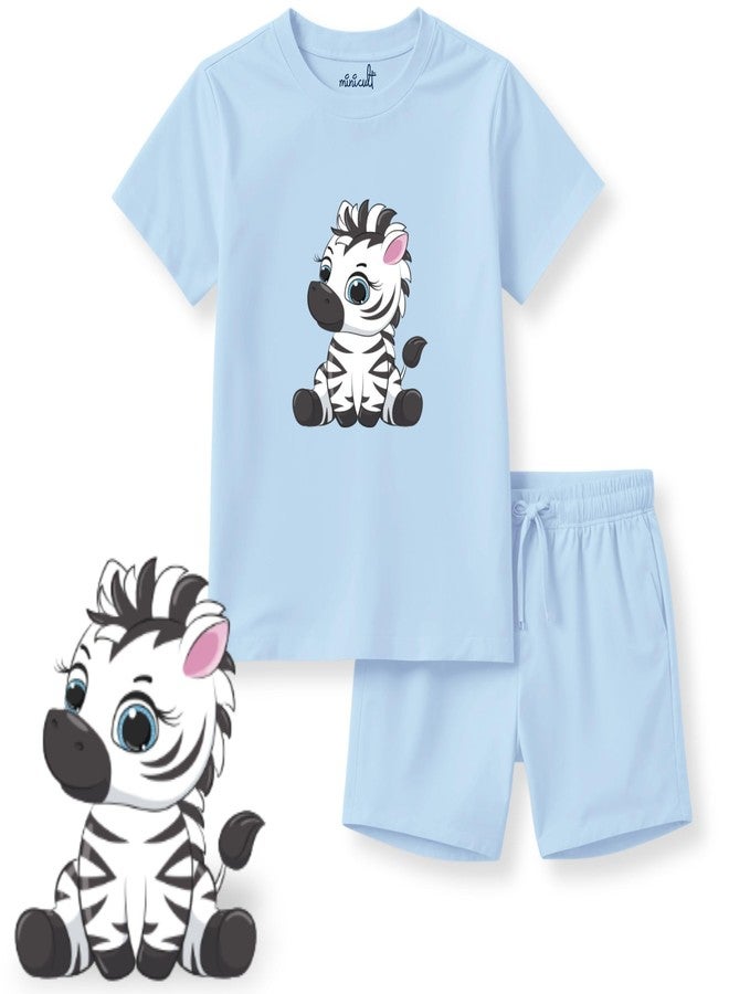 minicult kids Cotton Shorts with matching Tshirt Coord clothing set with cute Prints (Zebra Unicorn)(Pack of 2)(12-18 MTS) - Image 5