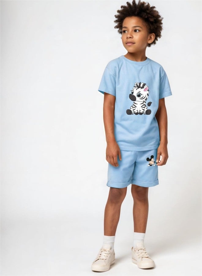 minicult kids Cotton Shorts with matching Tshirt Coord clothing set with cute Prints (Zebra Unicorn)(Pack of 2)(12-18 MTS) - Image 3