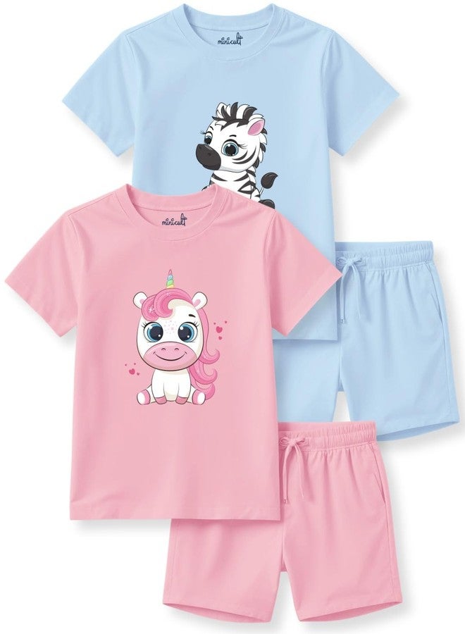 minicult kids Cotton Shorts with matching Tshirt Coord clothing set with cute Prints (Zebra Unicorn)(Pack of 2)(12-18 MTS) - Image 1