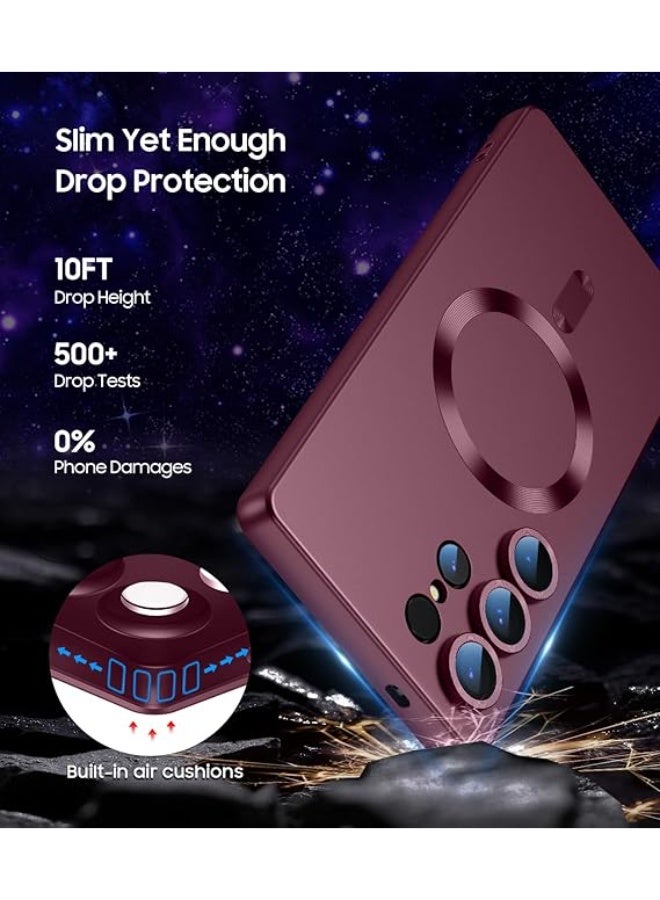 جراب مغناطيسي متوافق مع Samsung Galaxy S25 Ultra [متوافق مع MagSafe] [واقي عدسة الكاميرا المدمج] جراب هاتف رفيع ناعم من السيليكون مقاوم للصدمات لامع معدني (أحمر نبيذي) - Image 5